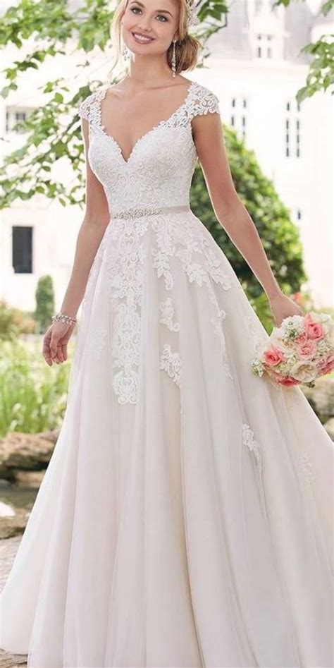 A Line Lace Wedding Dress With Cap Sleeves