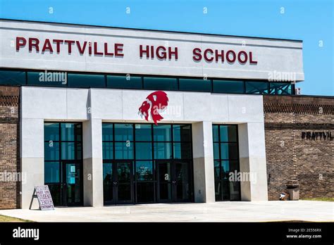 Prattville, Alabama, USA - May 12, 2018: Main entrance of Prattville High School illustrative ...