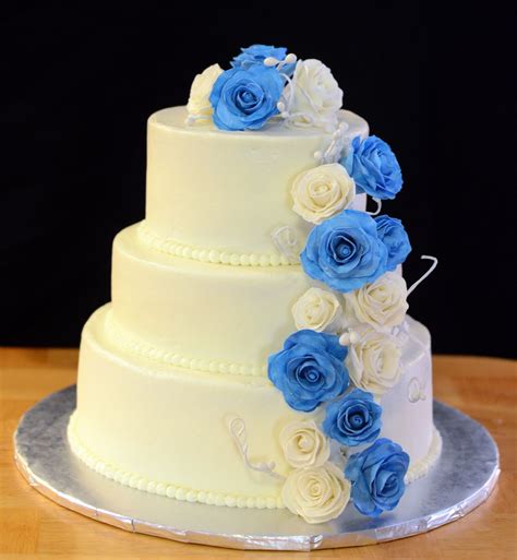 Blue And White Roses 3 Tier Frosted In Bc With Gumpaste Roses