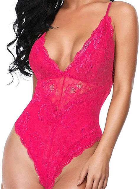 Aranmei Women Deep V Sexy Lace Bodysuit Snap Crotch Lingerie Teddy