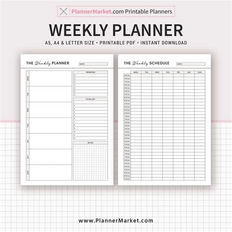 Weekly Planner Weekly Schedule A5 A4 Letter Size Printable