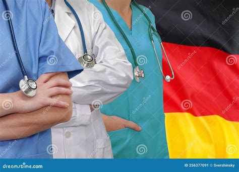 Three Doctors With Stethoscope On Germany Flag Stock Image Image Of