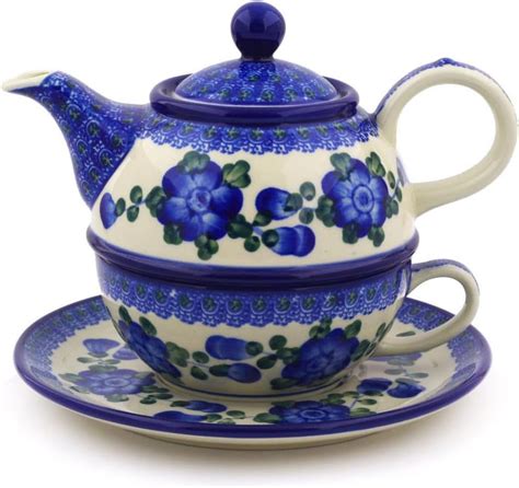 Authentic Tea Set For One In Blue Poppies Design Handmade In