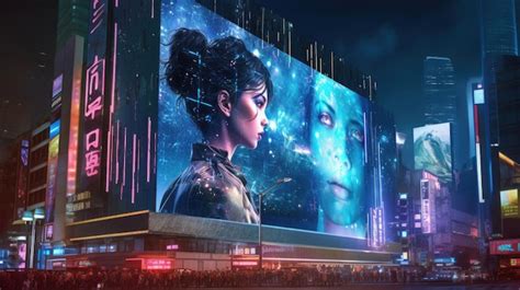 Premium AI Image Futuristic Neon City With Billboard At Street