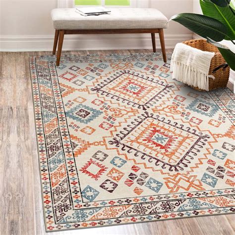 Vernal Machine Washable Non Slip Area Rug For Living Room Orange Blue