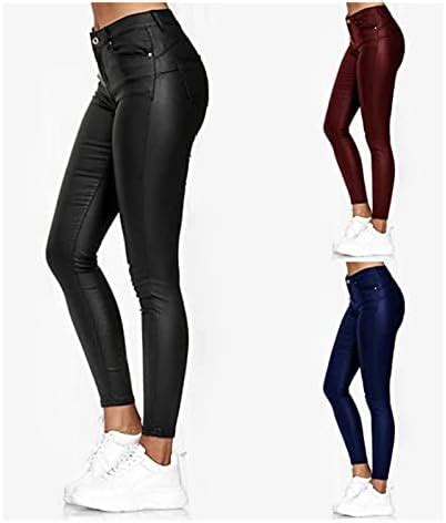 Xuebin Damen Kunstleder High Waist Leggings Skinny Pu Leder Hose Leder