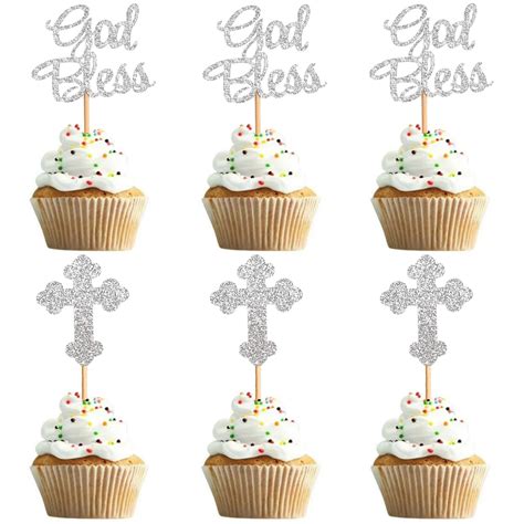 Pcs God Bless And Baptism Cupcake Toppers Silver Glitter Cross