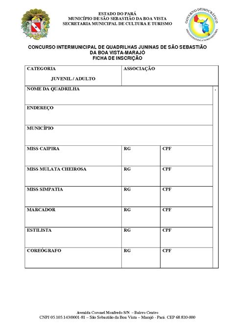 Ficha de inscrição do Concurso Intermunicipal de Quadrilhas Juninas ano