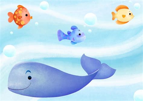 Peces Y Ballenas En El Mar Con Burbujas Ilustraci N Paisaje Dibujo A