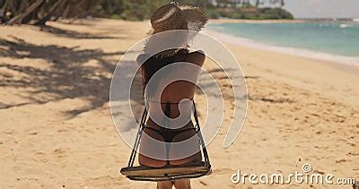 Bikini Beach Woman On Palm Tree Swing On Tropical Sea Shore During Summer Vacations Stock Video
