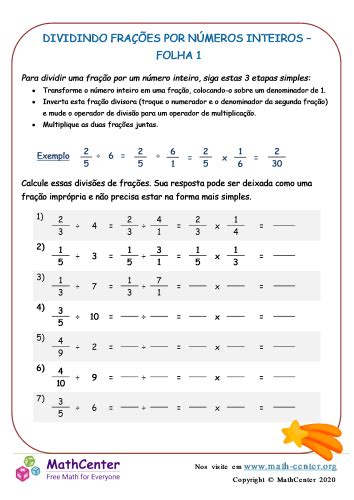 Dividindo Frações Por Folha De Números Inteiros 1 Planilhas Math Center