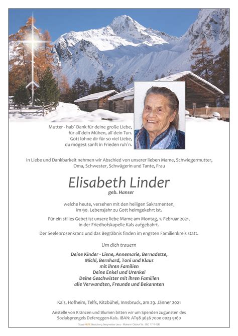 Todesanzeige Elisabeth Linder Trauer Link