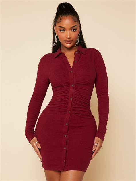 Ruched Button Through Bodycon Dress Stylish Work Attire Bodycon