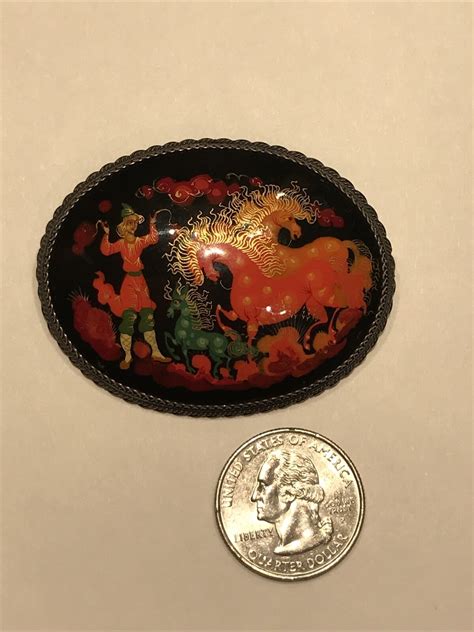 Russian Hand Painted Paper Mache Lacquer Brooch Signed Gem