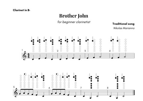 Brother John For Beginner Clarinetist With Finger Chart Arr Nikolas Marianno By Traditional