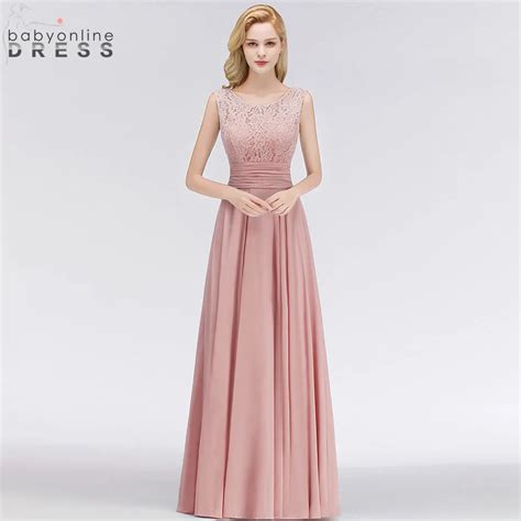 Dusty Pink Chiffon Lace Long Evening Dress