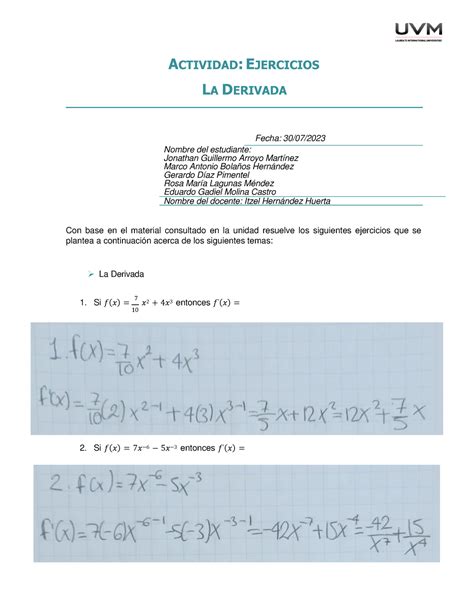 A Eq Material De Apoyo Actividad Ejercicios La Derivada Fecha