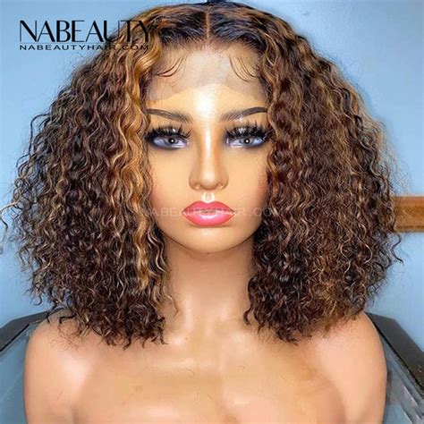 Highlight Lace Front Human Hair Wigs Ombre Honey Blonde Curly Bob