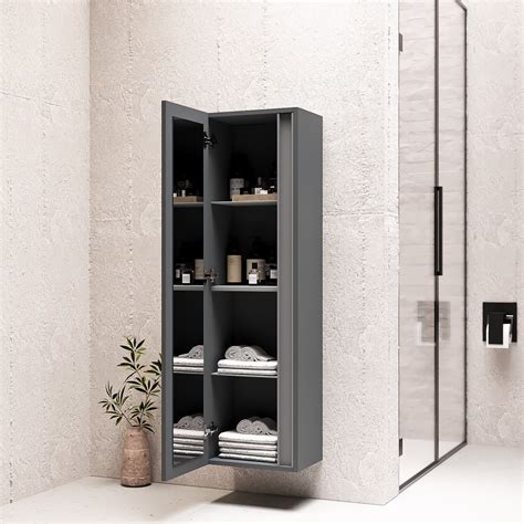 Single Door Grey Wall Mounted Tall Bathroom Cabinet 400 X 1380mm Roxbi Furniture123