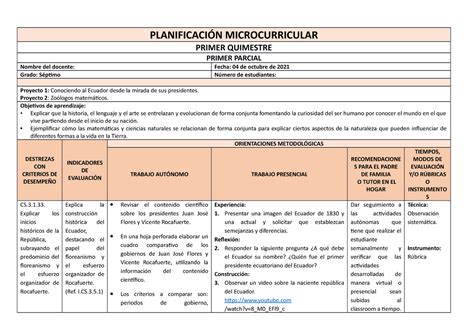 Planificación Microcurricular PlanificaciÓn Microcurricular Primer Quimestre Primer Parcial