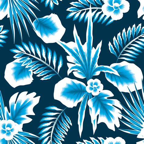 Trend Abstract Seamless Pattern With Blue Monochromatic Style Tropical Leaves And Plants On Dark