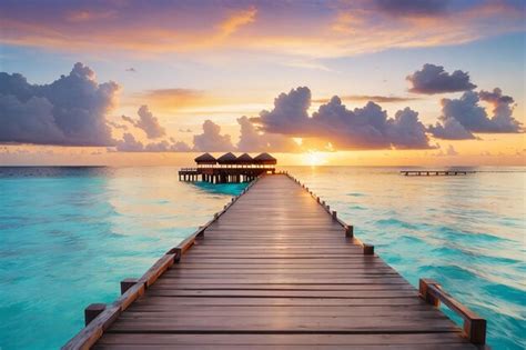 Premium AI Image Wooden Pier At Sunset In Maldives Beautiful View Of