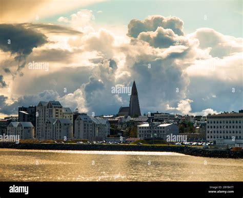 Reykjavik Cityscape Just Before Storm With Dramatic Clouds Iceland