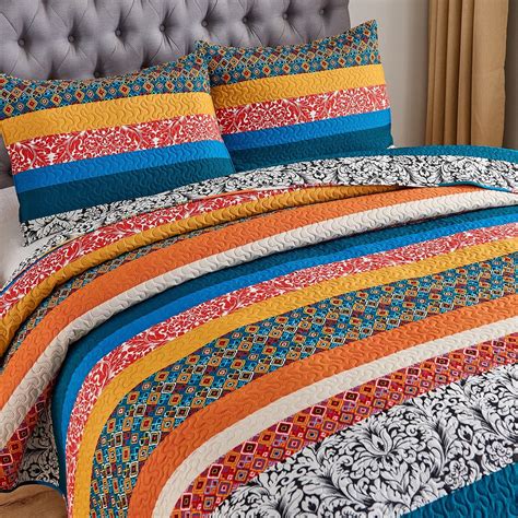 3 Piece Printed Reversible Bedding Quilt Set Boho King Floral