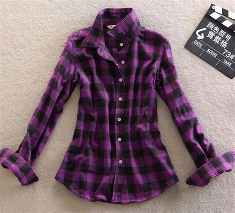 Purple Plaid Shirt Women Green Casual British Feminine Shirts Blouses ...