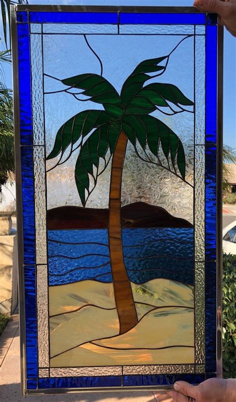 Palm Tree Stained Glass Window Panel Hangings Coastal Beach Etsy