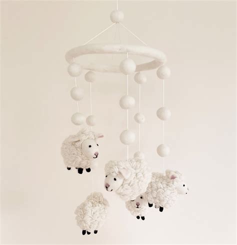 Five Sheep Wool Felt Mobile Nursery Felt Mobile Baby Crib Mobile Sheep