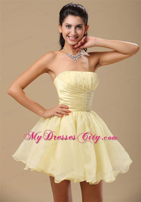 Light Yellow Homecoming Dress With Beading And Ruch Decorate