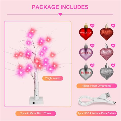 Valentines Day Table Decor 2 Pack Lighted Artificial Birch Tree For