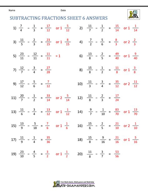 Subtracting Fractions Worksheets