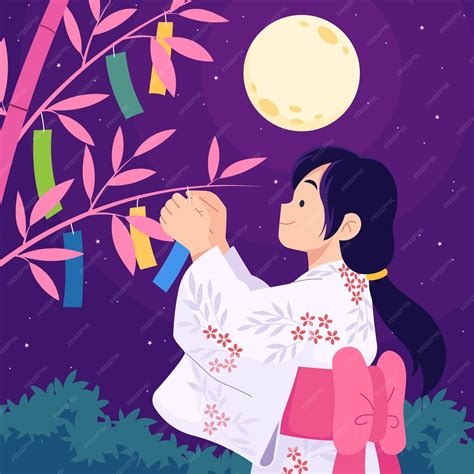 Premium Vector Flat Tanabata Illustration With Woman Hanging Ornaments