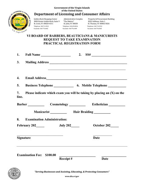 Virgin Islands Request To Take Examination Practical Registration Form