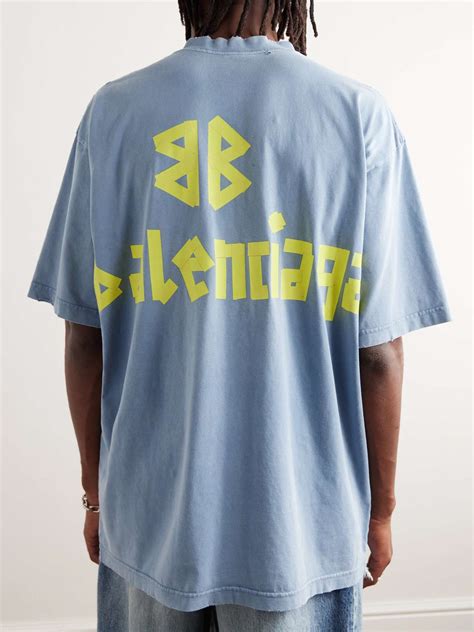 Blue Oversized Distressed Logo Print Cotton Jersey T Shirt BALENCIAGA