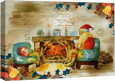 AAzaqTin Canvas Print Wall Art Christmas Santa Claus Fireplace