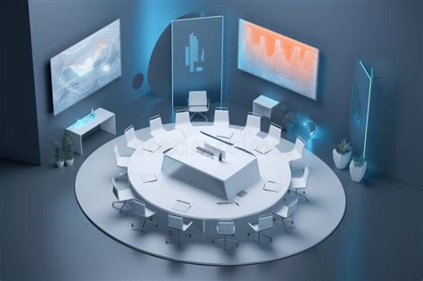 Conference Room With Touch Screens Around A Circular Conference Table