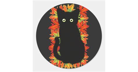 Black cat, Autumn leaves pattern, Halloween fun Classic Round Sticker ...