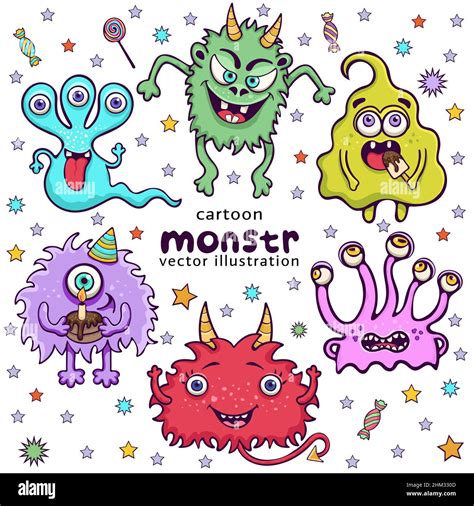 Set Of Cute Monsters Funny Cartoon Character Hand Drawing Collection