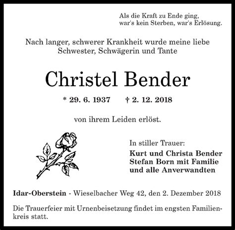 Traueranzeigen Von Christel Bender Rz Trauer De