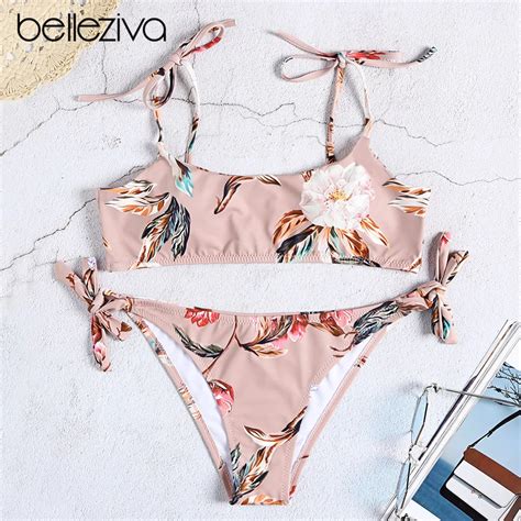 Belleziva Floral Print Swimsuit Strap Side Tied Bikini Set Vintage