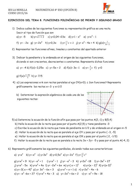 MATEMÁTICAS 4º ESO HOJA DE EJERCICIOS DE FUNCIONES POLINÓMICAS Y