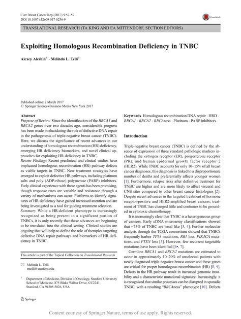 Exploiting Homologous Recombination Deficiency In Tnbc