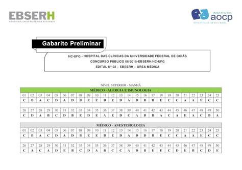 Pdf Gabarito Instituto Aocp Hc Ufg Hospital Das Cl Nicas Da