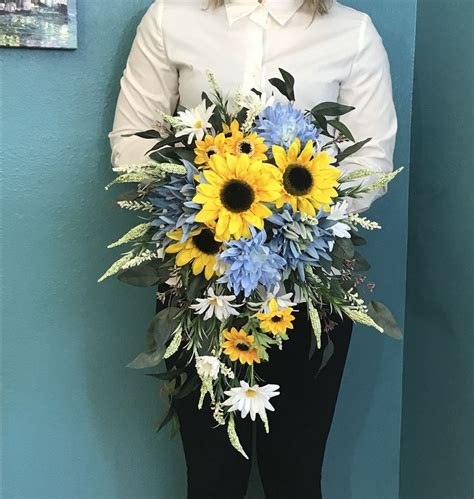 Dusty Blue Sunflower Cascading Bridal Bouquet Silk Blue Sunflower Bouquet Sunflowers Daisie