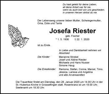 Traueranzeigen von Josefa Riester Schwarzwälder Bote Trauer