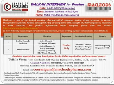 Macleods Walk In Interview For Freshers On Th Mar