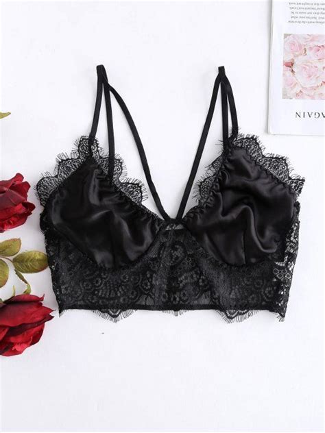 Off Lace Insert Eyelash Strappy Lingerie Bra In Black Zaful